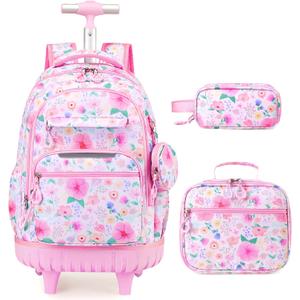 3 PCS Floral Rolling Backpack for Girls with Lunch Bag, Pink, Medium