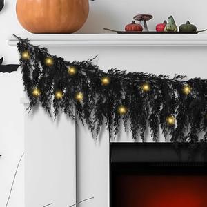XunYee Black Halloween Garland 6 ft Lighted Cedar Pine Artificial Garland with LED Light Faux Realistic Halloween Hanging Vine Twigs Party Decoration for Mantle Banister Fireplace Decor(Pine Needles)