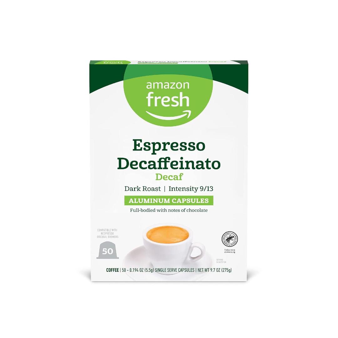 Amazon Fresh Espresso Decaffeinato Dark Roast Aluminum Capsules, Compatible with Nespresso Original Brewers, Intensity 9/13, 50 Count (5 Packs of 10) (EXP 08/20/27)