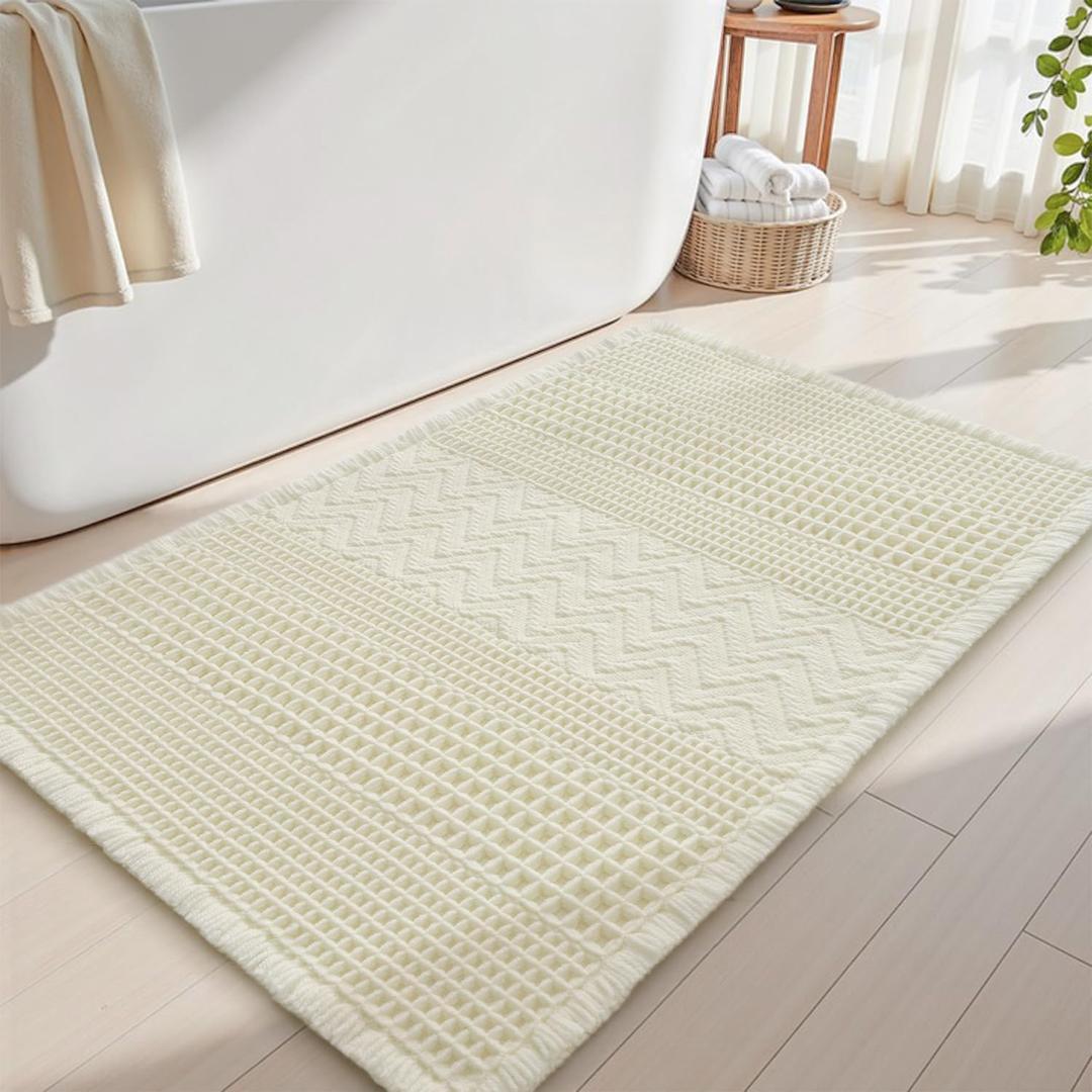 AMOAMI Waffle Bath-Mat, Super Absorbent Bath Mats for Bathroom, Boho Bathroom Rugs Non Slip Washable, Ultra Soft Bathroom-Mat with Tassels Bath Rugs for Floor Mat, 20" X 32" Cream