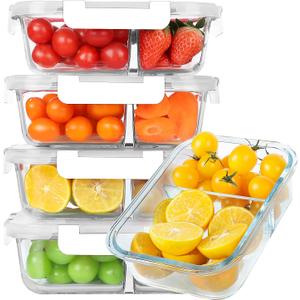 KOMUEE 30 oz 5 Pack Glass Meal Prep Containers 2 Compartments, Glass Food Storage Containers with Lids, Airtight Lunch Box, Microwave, Oven and Freezer Safe, White