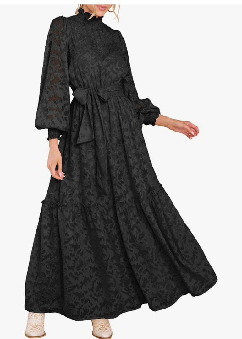 MITILLY Women's Fall Dresses Elegant Floral High Neck Long Sleeve Elastic Waist Formal Maxi Dress with Belt, M