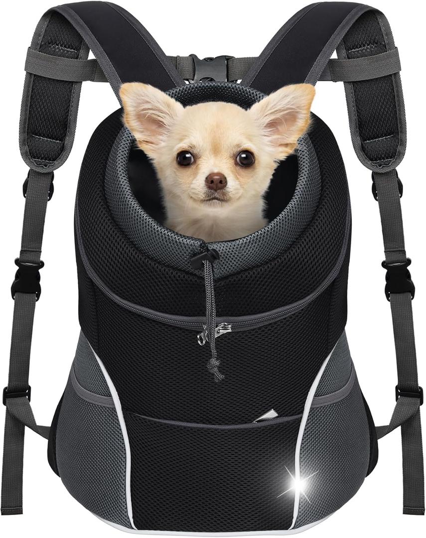 YUDODO Dog Front Carrier Backpack, Adjustable Breathable Pet Carrier for Small Dogs, Ventilated Puppy Back Pack with Safety Belt, Lightweight Doggy Backpack for Hiking Outdoor (Black, M: 4.5-9 lbs)