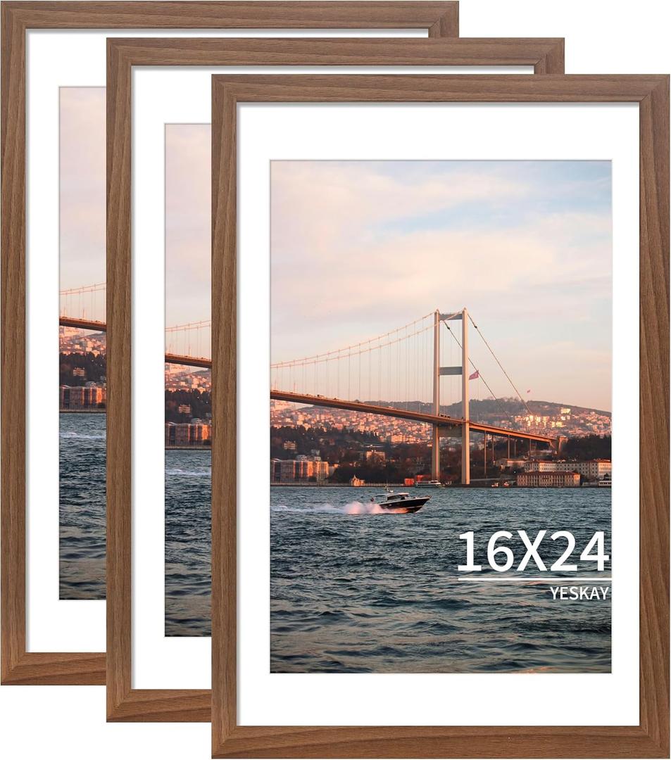 16x24 Picture Frame Brown Set of 3, Display Pictures 12x18 with Mat or 16 x 24 Without Mat, Poster Frames 16x24 Poster Frames for Wall Hanging Horizontal and Vertical