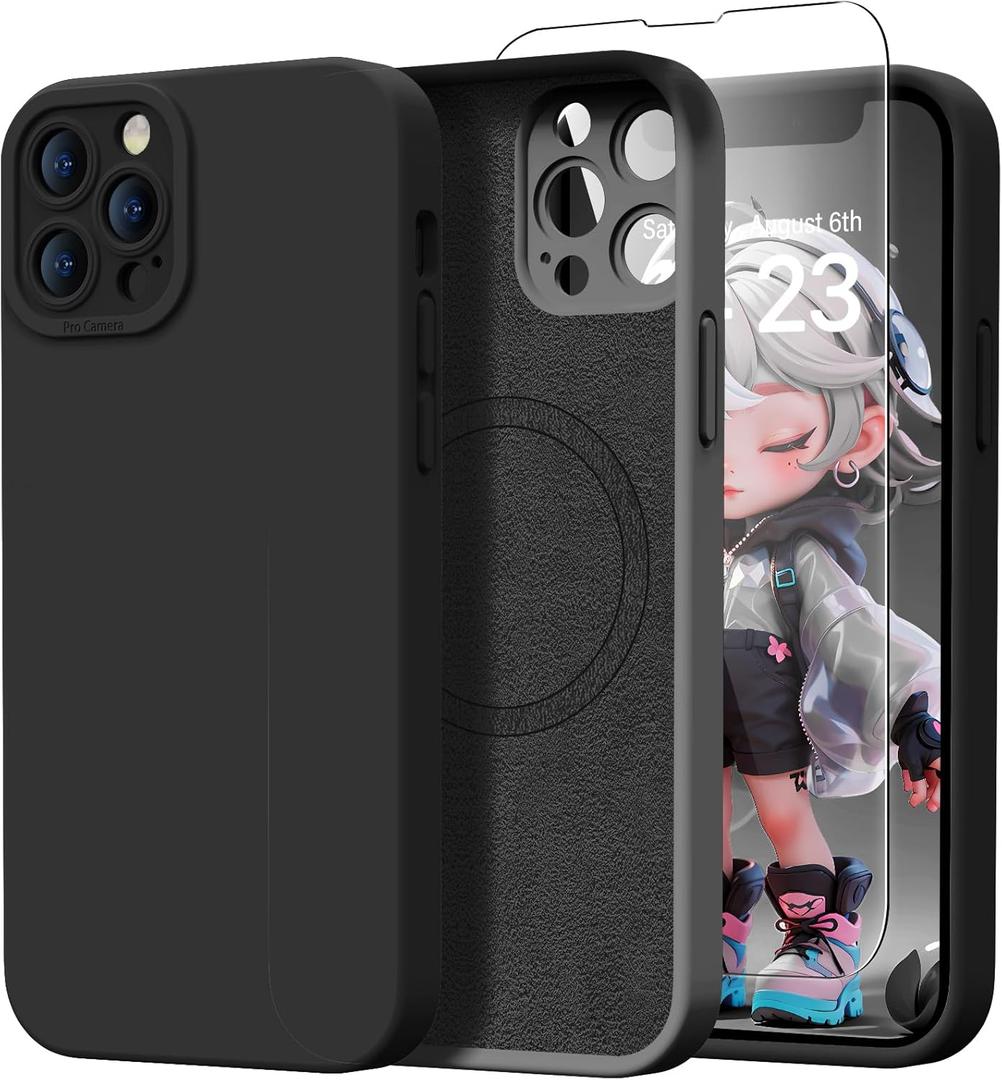 Magnetic for iPhone 13 Pro Case with Screen Protector - Compatible with MagSafe - Upgraded Camera Protection - Silicone Shockproof Protective Phone Case 6.1" for Men Women Girls - Black