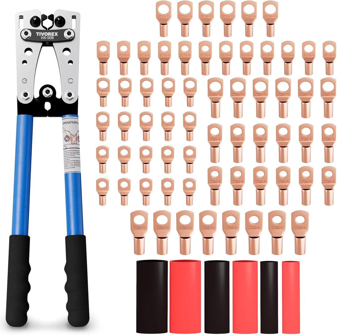 Battery Cable Lug Crimping Tool Kit for AWG 10-1/0 Electrical Lug Crimper with 64pcs Ring Terminals and 110pcs Heat Shrink Tubing