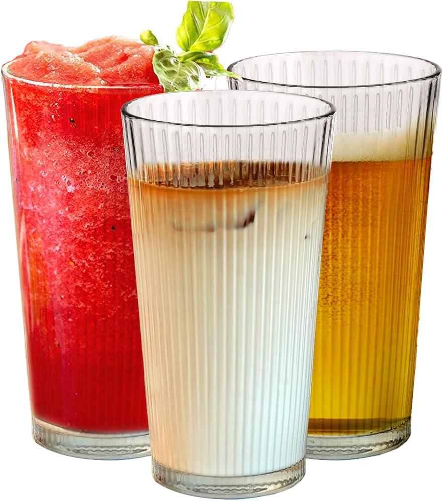 Le'raze Set of 10 Drinking Glasses, 16oz Ribbed Clear Glass Cups - Dishwasher Safe Heavy Base Tall Beer Glasses, Perfect for Iced Tea, Water, Juice, Bar Cocktails, and Everyday Use.