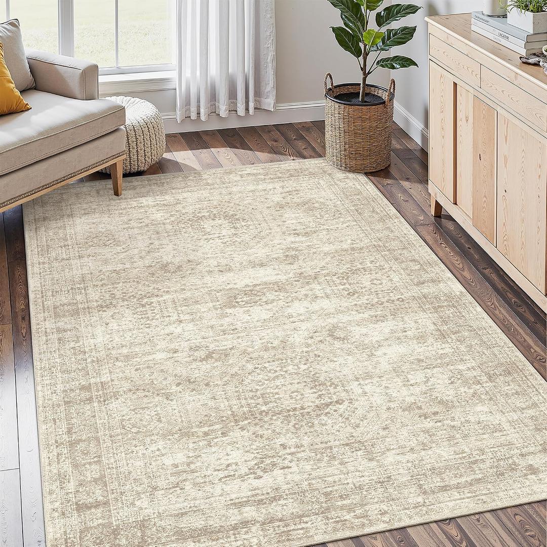 Soalmost 4x6 Area Rugs for Living Room, Vintage Washable Rugs for Dining Room, Bedroom, Home Office Decor, Non-Slip Beige Carpet Thin Rug