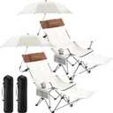 Yuntau 2 Set Reclining Beach Chairs with UPF 50+ Umbrellas, Upgraded Heavy Duty Portable Folding Lounge Camping Chair with Removable Footrest & Headrest for Outdoor Fishing Patio(White)