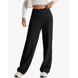 EVALESS Womens High Waist Button Stretchy Work Pants Straight Leg Office Dress Pant Business Casual Trousers with Pocket, Size L