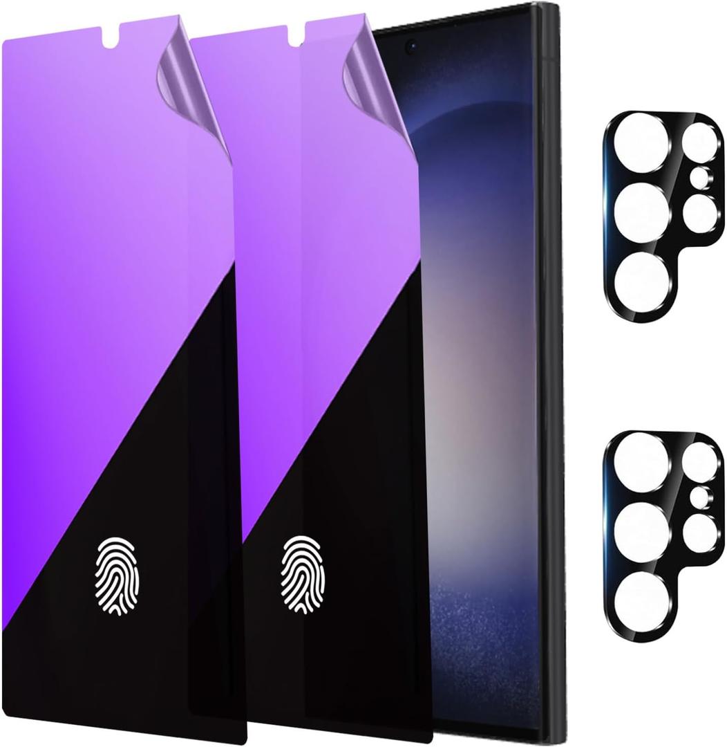 2 Pack Anti-Blue Privacy Screen Protector for Samsung Galaxy S23 Ultra Anti-Spy Soft Film Support Finger Unlock 6.8 inch + 2 Pack Camera Lens Glass Protector