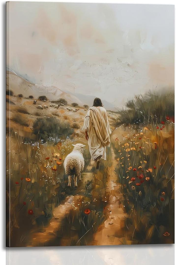 Framed Jesus Leaving 99 Sheep Canvas Print Wall Art Christian Home Wall Decor Inspirational Religious Jesus and the Lost Lamb Spiritual Painting Poster for living room office 12x16in Ready to Hang