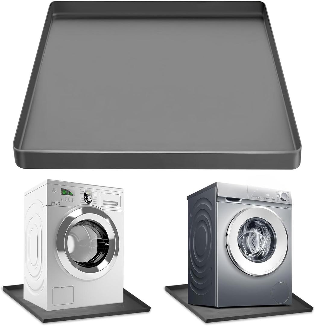 Washing Machine Washer Drain Pan Silicone Mat, Large Non-Slip Leak Washer Tray Soft Bottom Pad Portable Washing Machine Silicone Mat with Raised Edge Drip Mat for Floor Protector 27" x 27" (Grey)