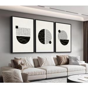 Large Framed Abstract Wall Art - Minimalist Boho Wall Decor 20"x28" Set of 3 Black and Beige Art Prints Mid Century Painting Geometrical Canvas Pictures for Living Room Bedroom Office Artwork