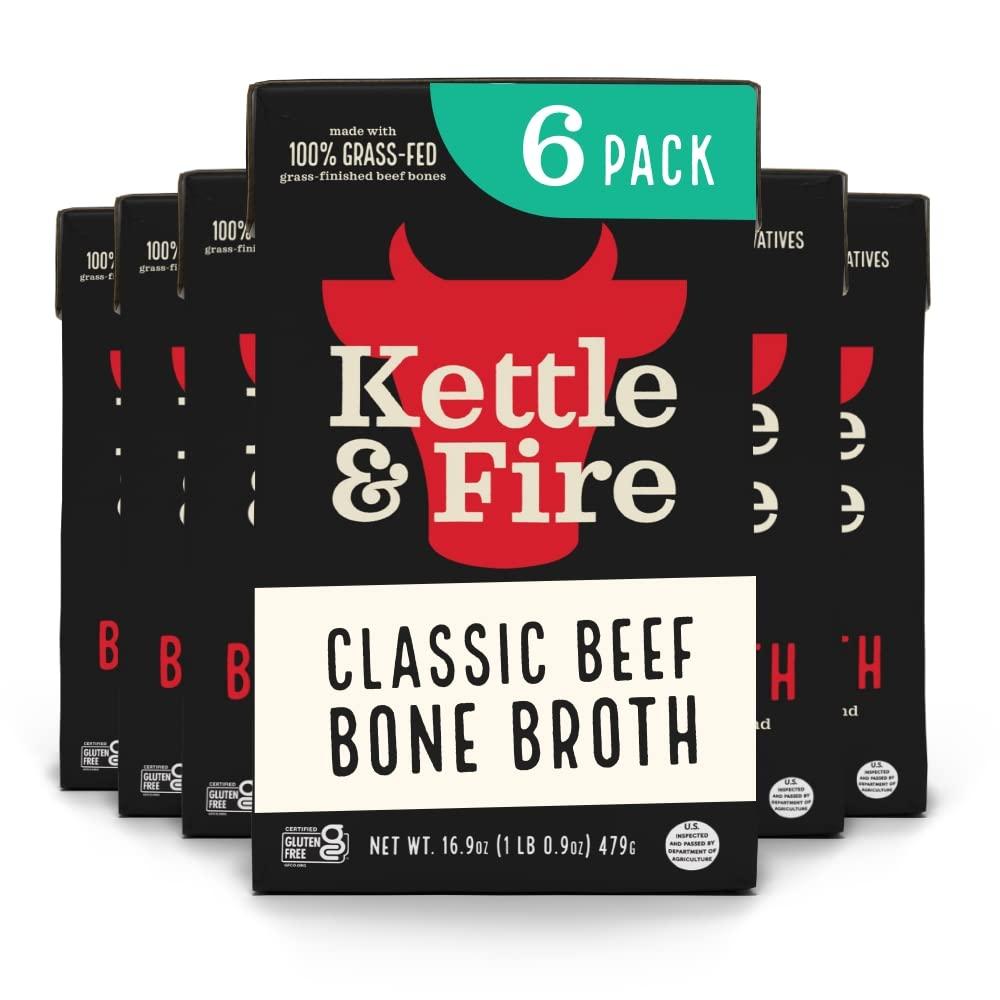 Kettle and Fire Classic Beef Bone Broth, Keto, Paleo, and Whole 30 Approved, Gluten Free, High in Protein and Collagen (6 Pack) (EXP 11/19/26)