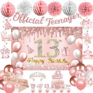 13th Birthday Decorations for Girls, 13 Birthday Girl Decorations include Official Teenager Decorations Banner, Backdrop, Hanging Swirls, Balloons, Paper Pompoms, Crown And Sash, Pink 