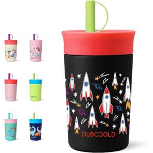 DLOCCOLD 12 oz Insulated Stainless Steel Straw Tumbler, Reusable Sippy Cup With Leak-Proof Spill Resistant Flexible Straw Lid, Cups, Easy to Clean, Water Bottle, Great for Travel, Home (Rocket)