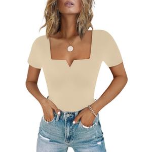 Chunpin Women's Square Neck Notch V Neck Long Sleeve Bodysuit Tops Double Lined Thong Bodysuit, Size S