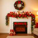 Dingion 9 ft Christmas Poinsettias Garland Decoration DIY Artificial Pine Garland with Red White Berries Picks Poinsettias Flower Ornaments for Xmas Fireplace Table Window Stairs Holiday Decor
