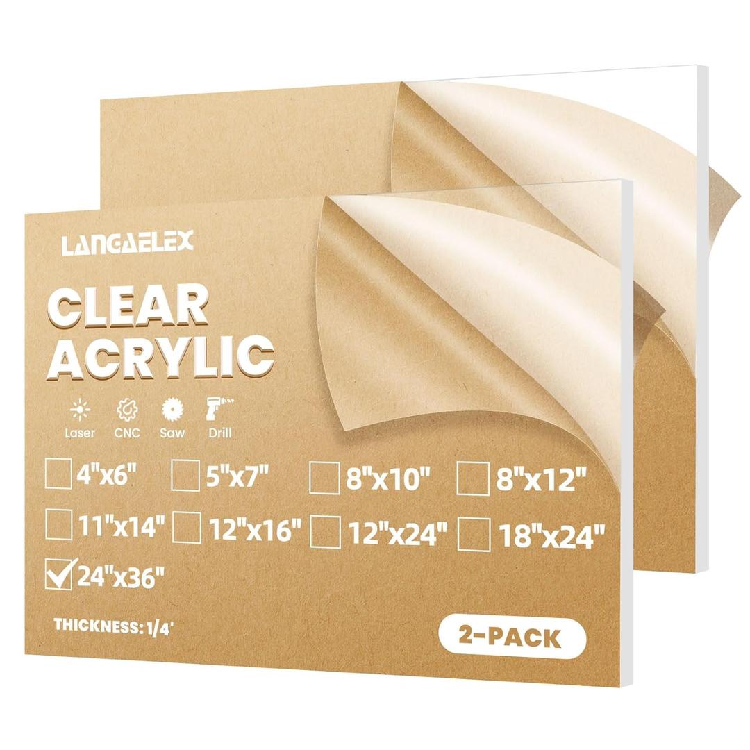 Plexiglass Sheets 1/4" (6mm) Thick - 2 Pack of 24x36 Clear Cast Acrylic Sheets for Laser Cutting, Signs, Glass Replacement, DIY and Crafts Project