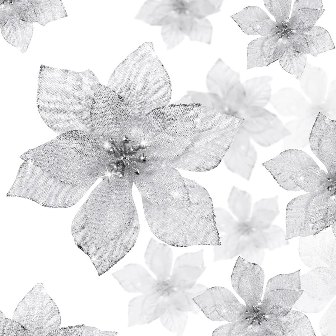 WILLBOND 36 Pcs 3 Size Christmas Poinsettia Christmas Tree Flowers Glitter Faux Flowers Decoration Artificial Poinsettia Ornaments for New Year Home Outdoor Decoration (Silver,3/4/ 6 Inch)
