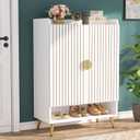 Tribesigns Shoe Cabinet with Doors, 6-Tier Shoe Storage Cabinet with Adjustable Shelves, Wooden Shoes Rack Shoe Storage Organizer for Entryway, Hallway, Closet, Living Room, White & Gold, 
14.57"D x 29.53"W x 43.3"H