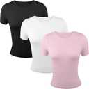 Common Stitch 3 Pack Stretch Workout Tee Shirts for Women, Ribbed Crewneck Womens Short Sleeve Yoga Tees (X-Large, Black / White / Light Pink)