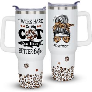 Cat Mom Lover Mothers Day Birthday Christmas Gifts for Women, 40 oz Cat Mom Cup Tumbler with Handle Lid and Straw