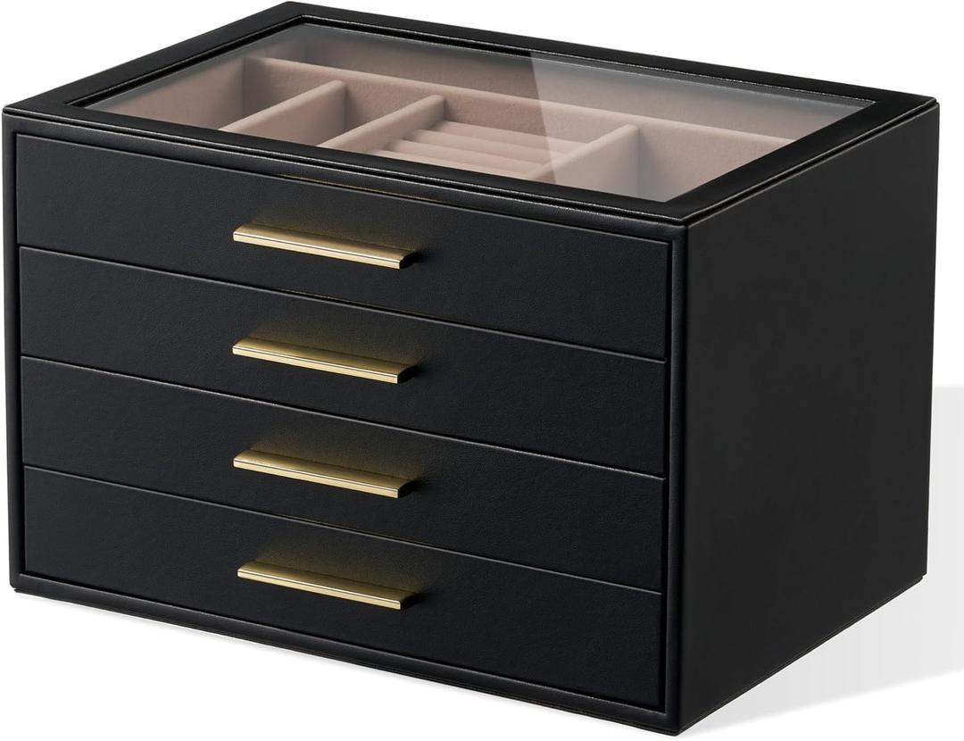 pickpiff Jewelry Box Organizer Case for Women: 4-Layer Jewelry Storage Case with Glass Window, Black Leather with Blush Velvet, Holder for Ring Necklace Bracelet Brooch Watch, Great Gift for Her