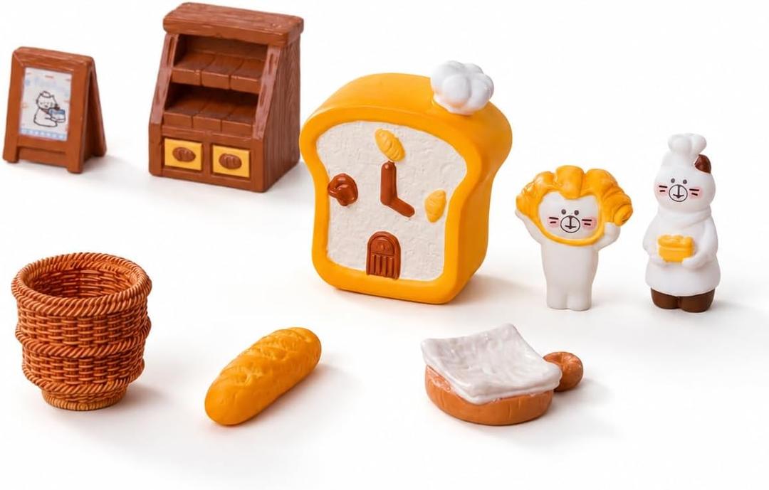 8-Piece Dollhouse Miniature Bakery Accessories, Resin Mini Bakery Shop Decor Set with Bread Shelf, Basket, Sign, Mini Food Display for Dollhouse Scenes and Desk Decor