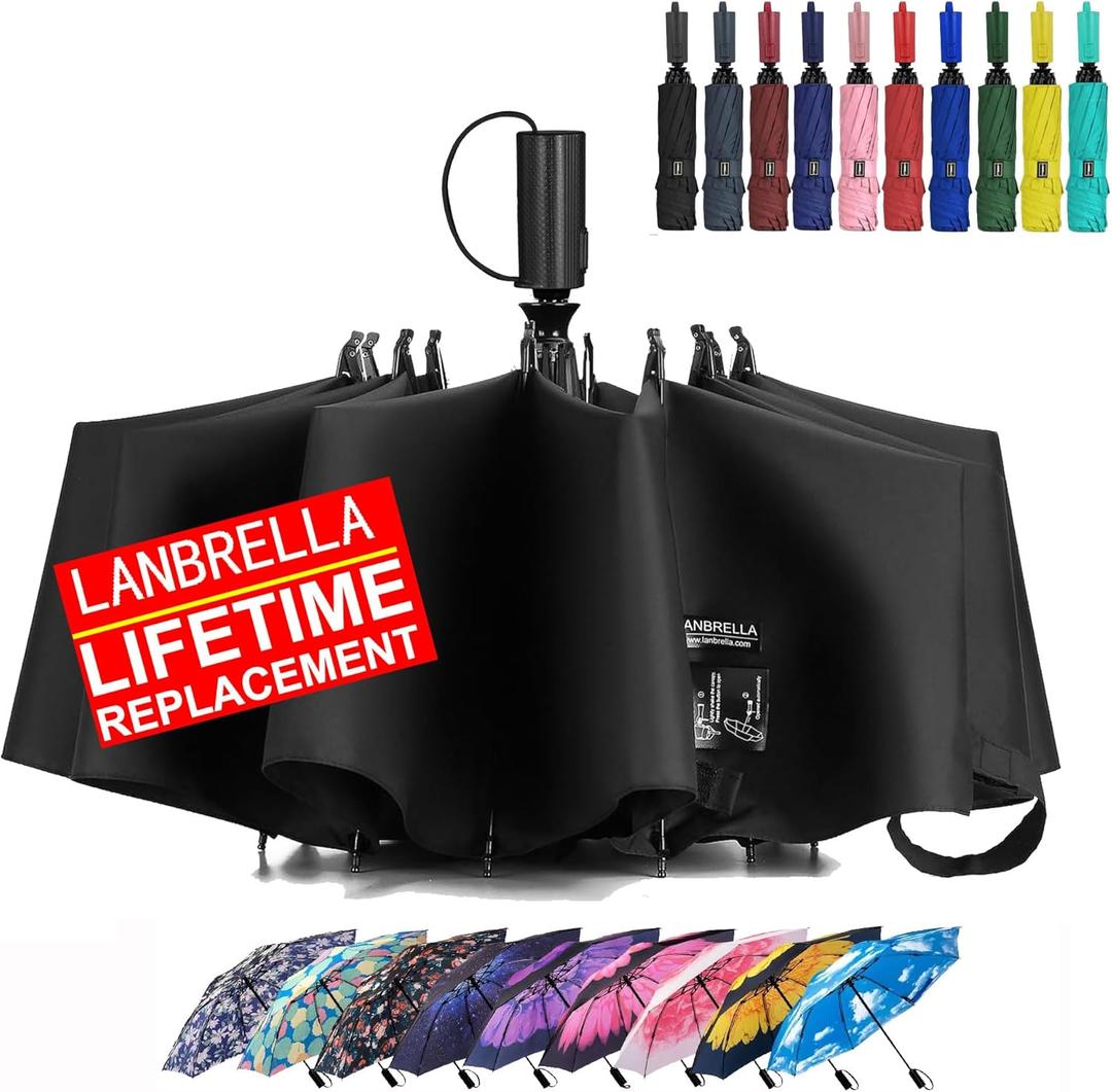 Lanbrella Travel Essentials Umbrella Windproof Compact Collapsible Light, Automatic, Strong and Portable