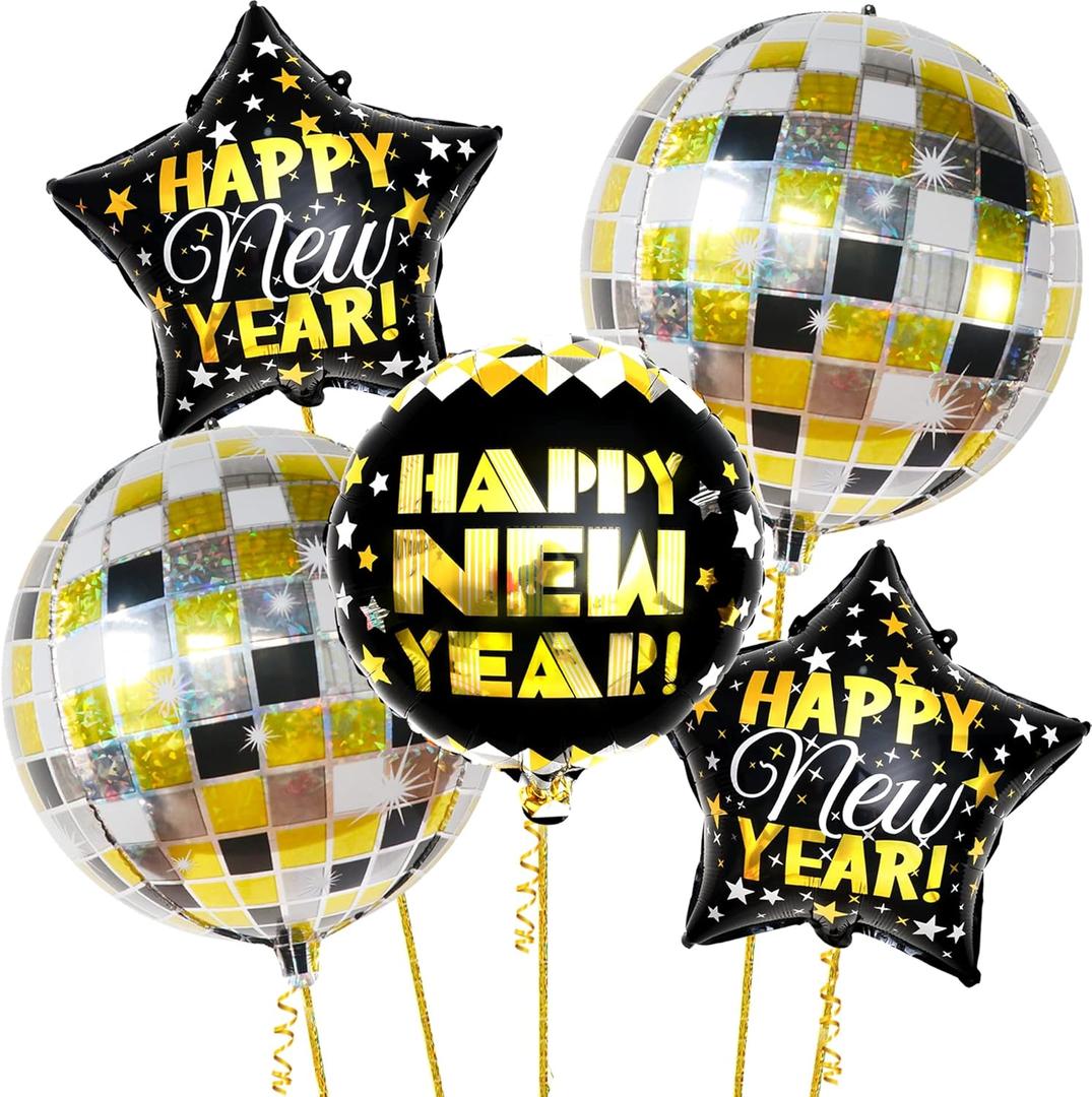 KatchOn, Large Happy New Year Balloons - 22 Inch, Pack of 5 | Disco Balloons | Foil Happy New Year Balloon, New Years Decorations 2026 | NYE Decorations | New Years Eve Party Supplies 2026 (Disco,black,gold)