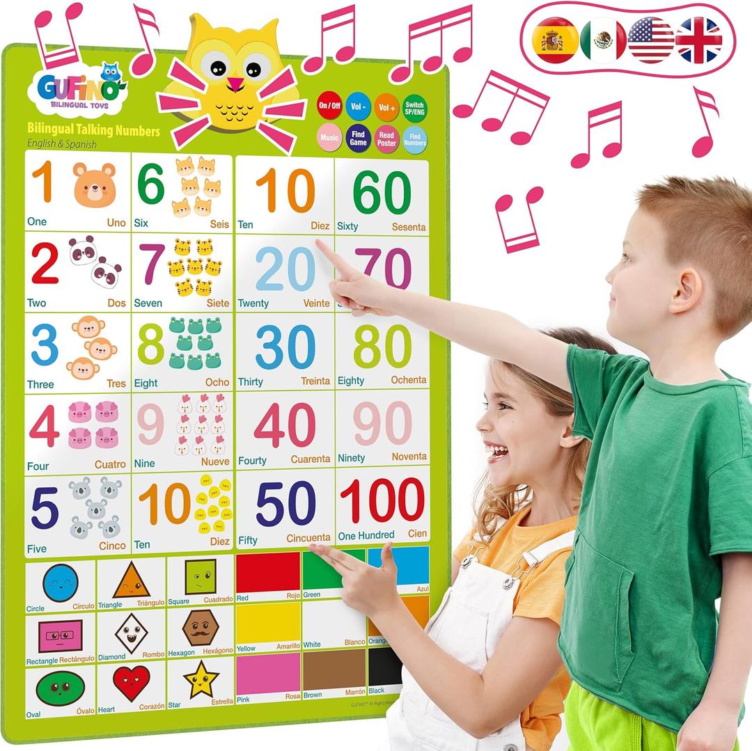 Bilingual Learning Toys - Spanish Toys for Toddlers 1-3, Interactive Number Toys, Numbers for Toddlers - Educational Talking Wall Chart for Kids