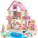 Atoylink Wooden Dollhouse with 42Pcs Miniature Doll House Accessories and Furniture Set, 4 Rooms & Balcony & Swimming Pool & Portable Handle Pretend Play Toys for Kids Girls Birthday Gifts