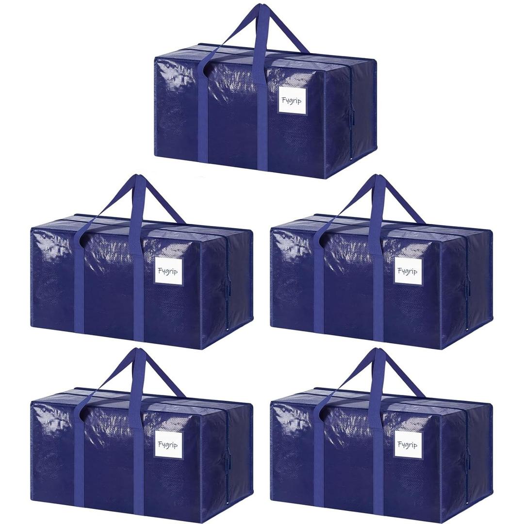 5 Pack Extra Heavy Duty Large Moving Bags with Strong Zipper & Comfortable Handles, Sturdy & Durable Clothes Storage Bags Totes Bins, Blue Packing Moving Boxes for College Supplies, Dark Blue