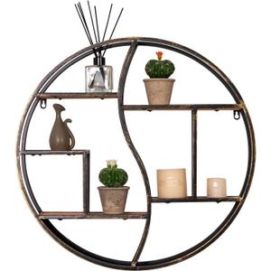 Round Wall Shelf,24 inch Metal Circle Shelf Wood Floating Shelves,Rustic Retro Wall Mounted Display Organizer Shelf for Fireplace,Living Room,Bathroom, Large