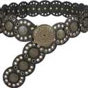 WHIPPY Western Belts for Women Vintage Disc Waist Belts Concho Leather Belts Boho Waist Belt for Dress Jeans (Fit Waist Size Below 43", Black(Bronze Buckle))