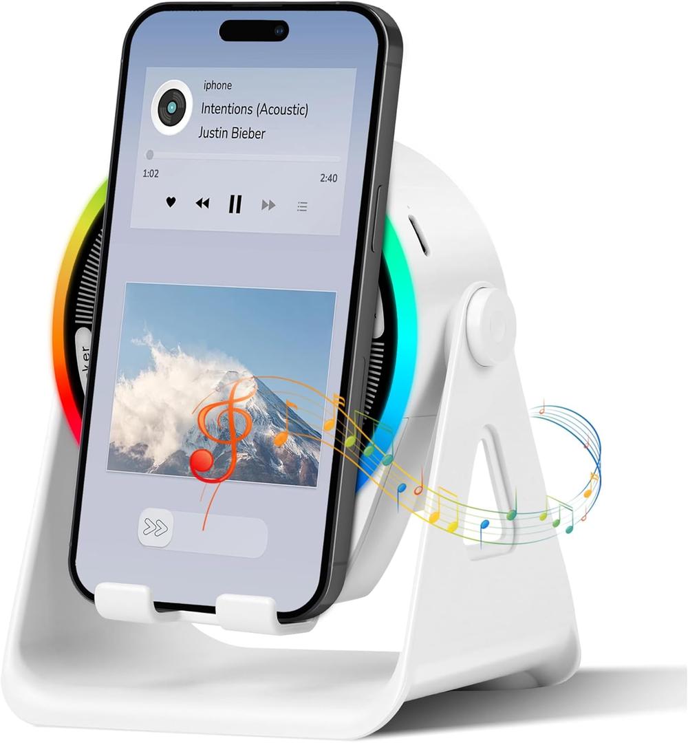 Wireless Induction Bluetooth Speaker, 4-in-1 with 360 Rotating Phone Holder and RGB Ambient Light, High-Definition Surround Sound (White)