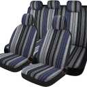 PONYJOYUP Baja Saddle Blanket Car Seat Covers 9PCS Full Set, Breathable and Washable Striped Woven Automotive Vehicle Seat Cover, Universal Seat Cover for Sedan, SUV, Truck, Airbag Compatible, Blue Baja