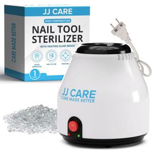 JJ CARE Nail Tool Sterilizer with Glass Beads | Implement Tweezer Disinfectant Container | Salon & Manicure Disinfectant Jar Small (White With Red Power Button)