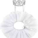 2 Pcs Dog Crown Headband Dog Tutu Dress Set Crystal Rhinestone Tiara Crown Tutu Skirt Pet Dress Costume for Puppy Birthday Party Wedding Photo Prop Costume(X-Large, White)