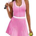 Fisoew Womens Tennis Mini Dress Half Zipper Racerback Athletic Workout Pleated Dresses with Built-in Shorts& Bra Pink XXL