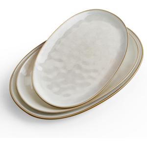 famiware Serving Platter, Oval 15.59/14.3/12.9 inch Serving Dishes for Entertaining, Serving Bowls, Microwave Safe, Stonware Serving Trays for Party, Turkey, Cheese, Ocean Series, Cappuccino White