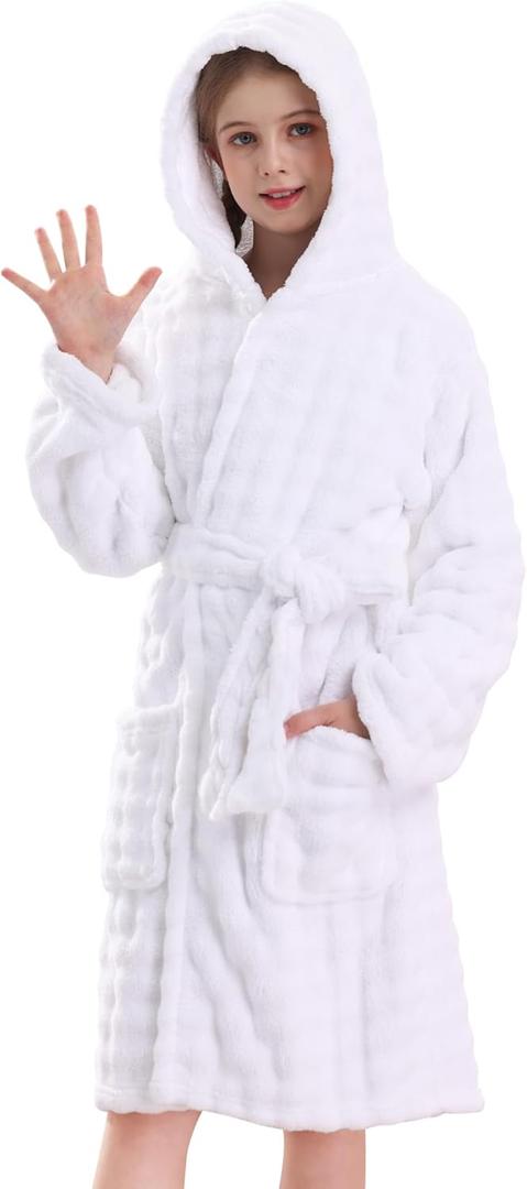 V.&GRIN Girls Hooded Towel Robe, Super Absorbent Quick-Dry Kids Bathrobe for Bath & Pool - Solid Colors Bubble Texture (9-10 Years, White)