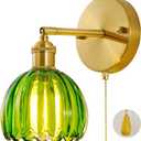 Vintage Wall Sconce 1 Pack, Green Glass Shade Gold Wall Lamp with 12 Inch Cable Switch, Modern Bathroom Wall Sconces for Bedroom Corner Hallway