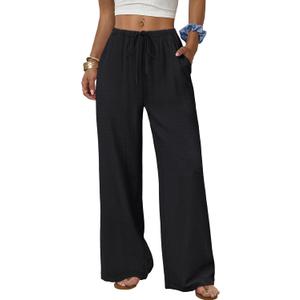 Sampeel Black Linen Pants for Women Work Casual Business Outfits Wide Leg Palazzo Summer Pants Tall Drawstring Elastic Waist with Pockets Plus Size Clothes XL
