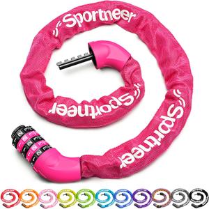 Sportneer Bike Lock: 5 Digit Combination High Security Anti Theft Bike Chain Lock - 3.2/3.6/4ft Heavy Duty Keyless Bicycle Lock for Bike, Motorcycle, Scooter, Door & Gate - 4/6mm Thick, Easy to Use (Rose Red)