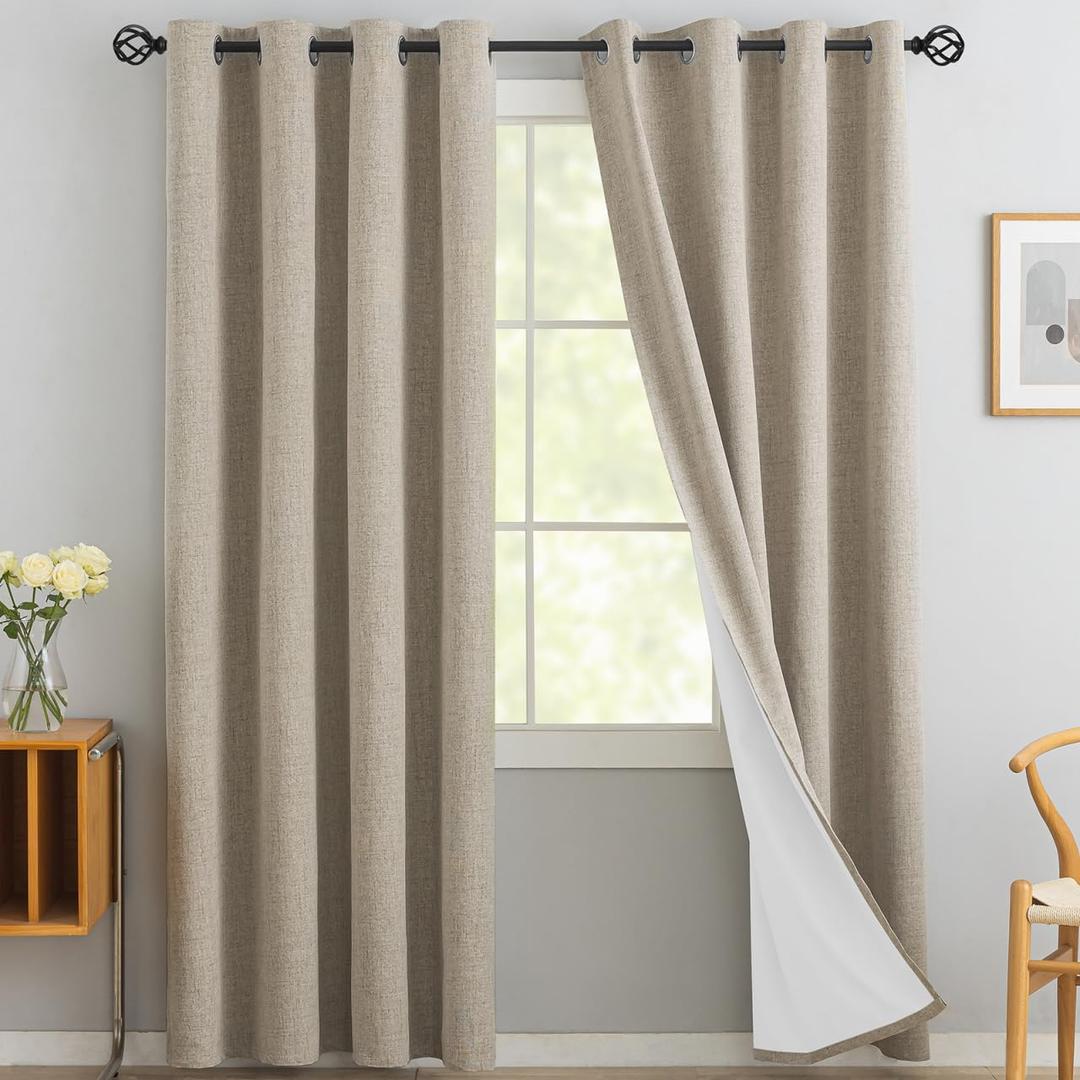 Yakamok Natural Linen Curtains 100% Blackout 84 Inches Long,Room Darkening Textured Curtains for Living Room Thermal Grommet Bedroom Curtains 2 Panels with Greyish White Liner