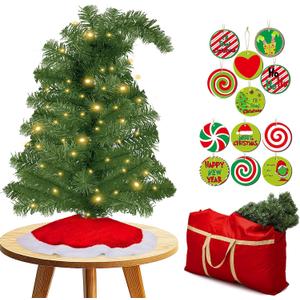 Syhood 1.5ft Bendable Christmas Tree Whimsical Christmas Bent Top Artificial Xmas Tree with LED Lights Ornament Bag, Green