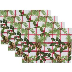 Elrene Home Fashions Pinecone Plaid Red/Green Holiday/Christmas Fabric Dining Table Placemats, Set of 4, 13"x19"